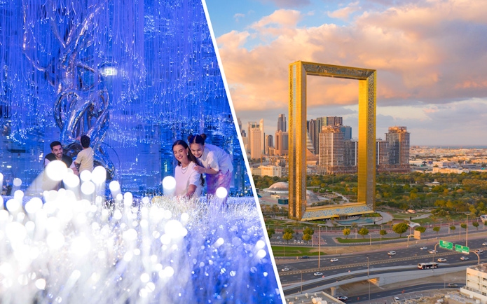 AYA Universe light installation and Dubai Frame with city skyline.