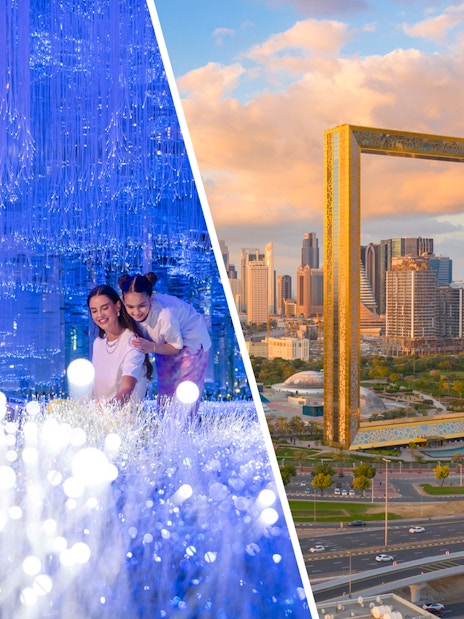 AYA Universe light installation and Dubai Frame with city skyline.