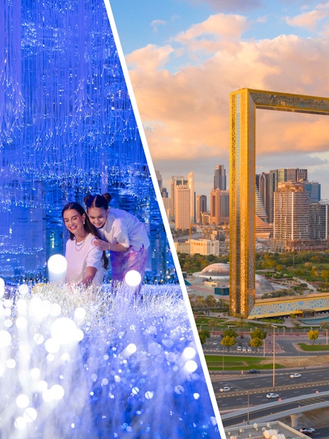 AYA Universe light installation and Dubai Frame with city skyline.