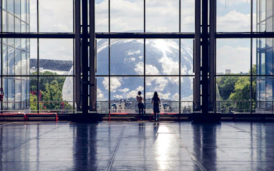 Visitors viewing the Geode from inside the Science & Industry Museum, Paris.
