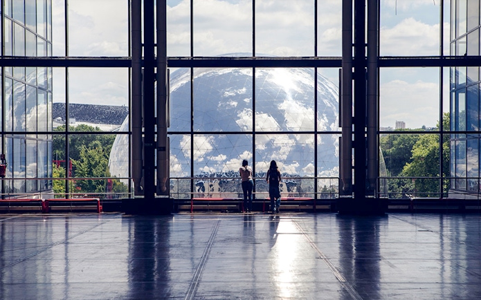 Visitors viewing the Geode from inside the Science & Industry Museum, Paris.