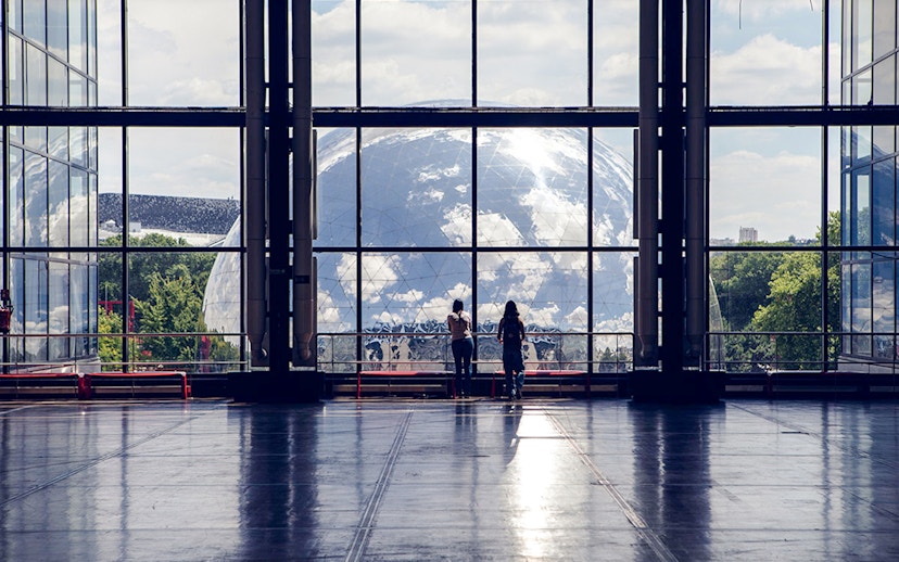 Visitors viewing the Geode from inside the Science & Industry Museum, Paris.
