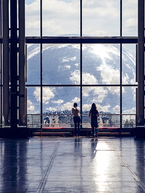 Visitors viewing the Geode from inside the Science & Industry Museum, Paris.