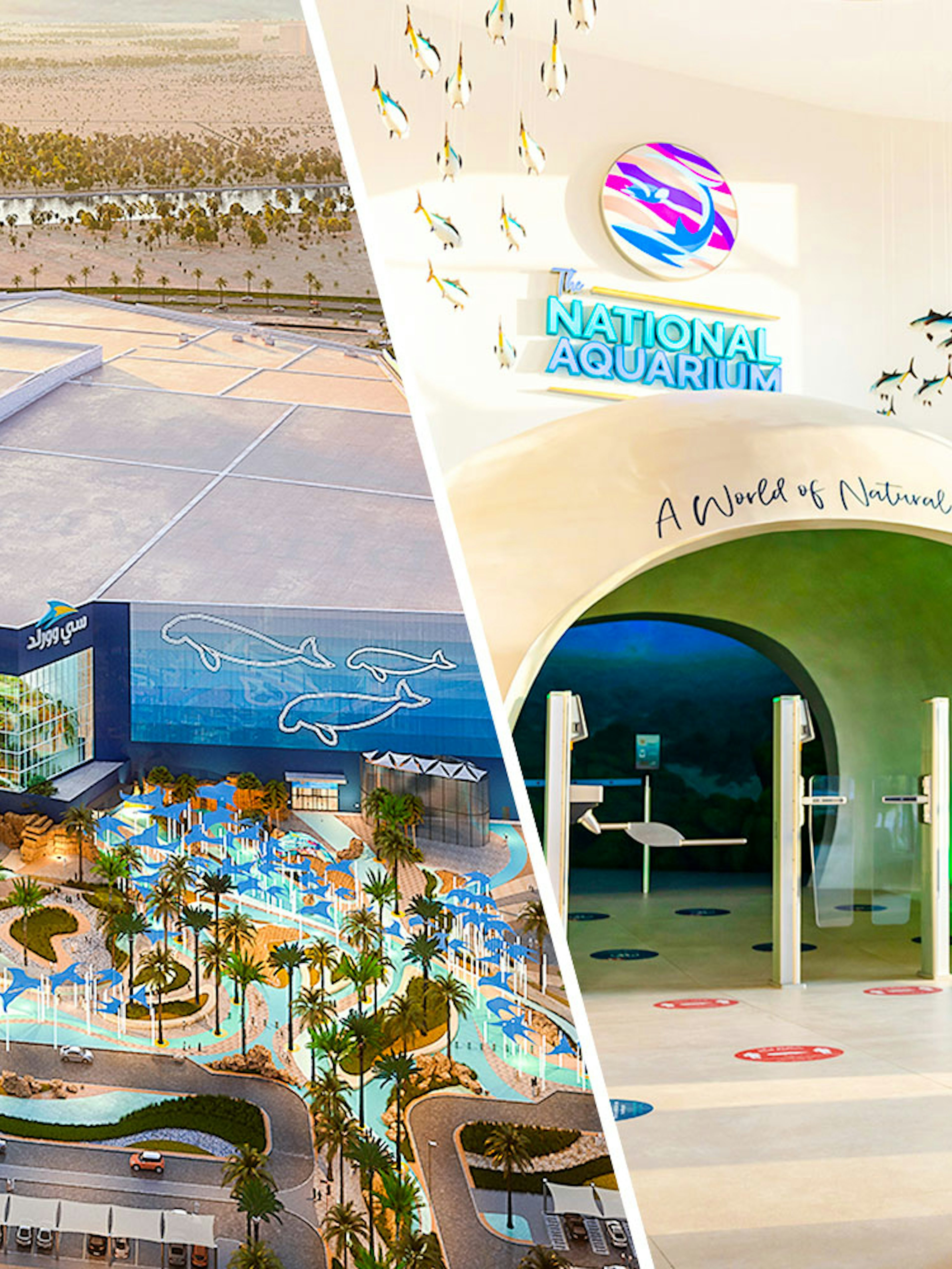 SeaWorld Abu Dhabi exterior and family entering National Aquarium entrance.
