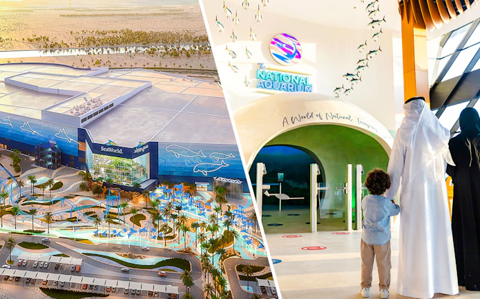 SeaWorld Abu Dhabi exterior and family entering National Aquarium entrance.