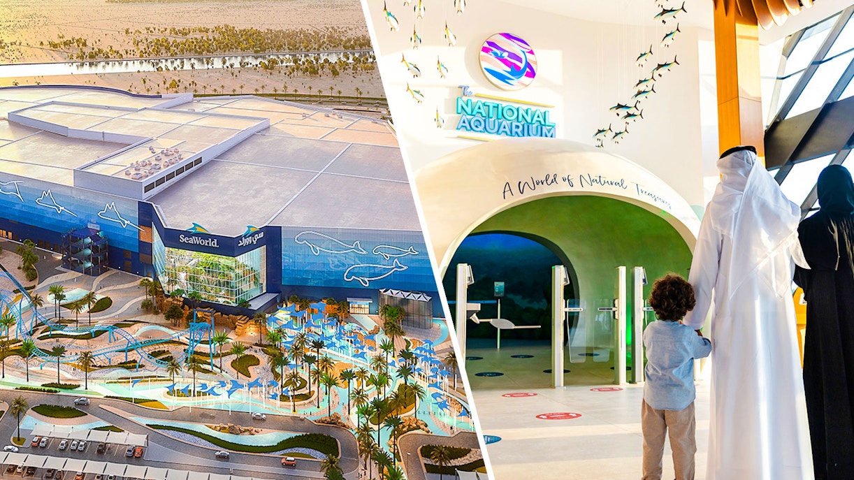 SeaWorld Abu Dhabi exterior and family entering National Aquarium entrance.