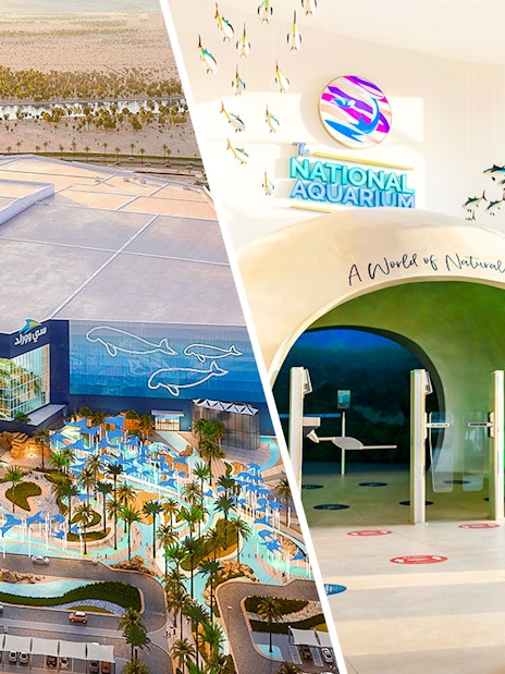 SeaWorld Abu Dhabi exterior and family entering National Aquarium entrance.