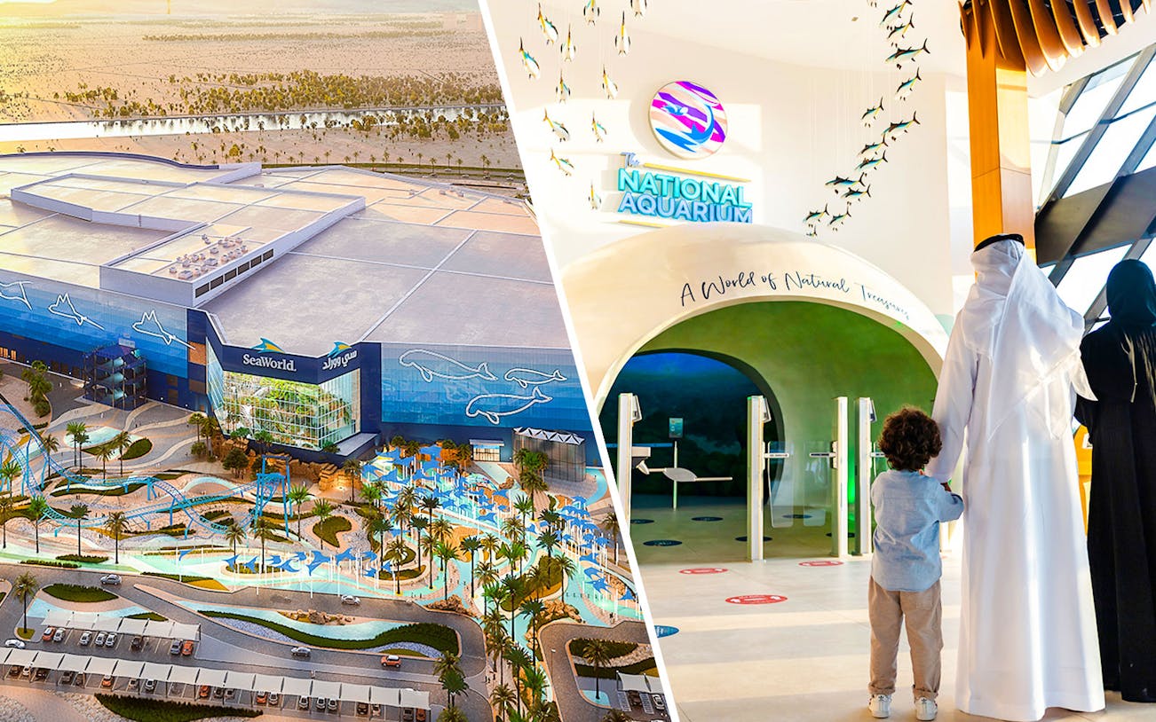 SeaWorld Abu Dhabi exterior and family entering National Aquarium entrance.