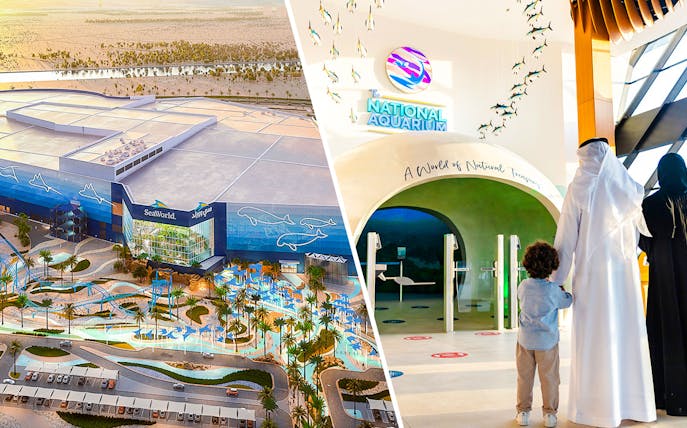 SeaWorld Abu Dhabi exterior and family entering National Aquarium entrance.