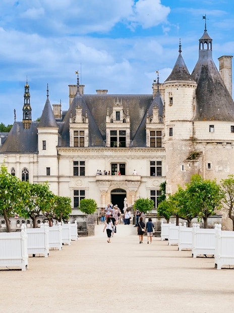 Chenonceau Castle exterior with visitors walking along the tree-lined path.
