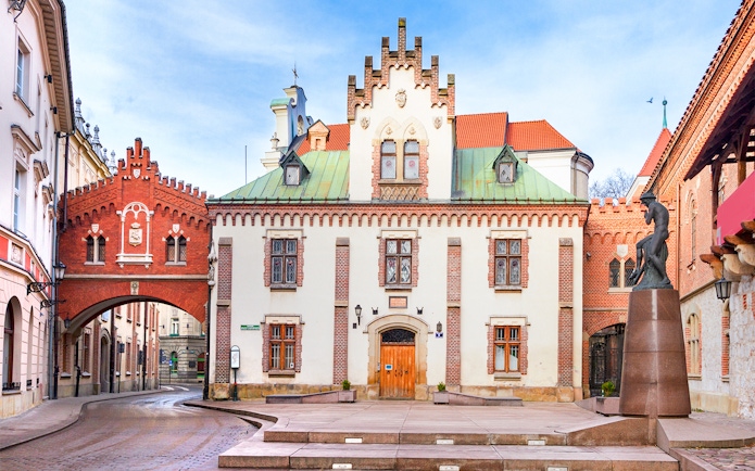 Czartoryski Museum and Library entrance with historic architecture in Krakow, Poland.