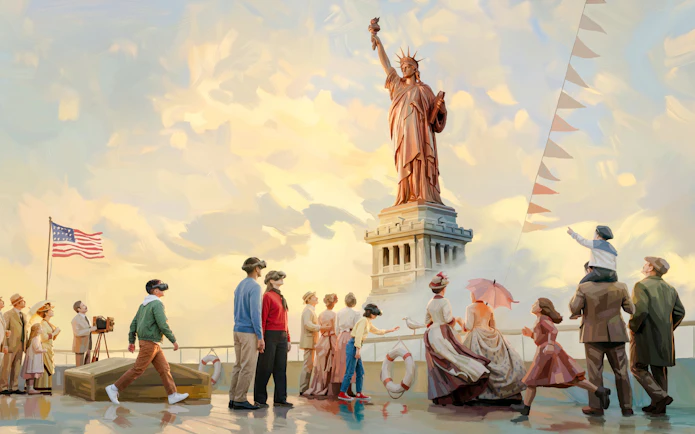 Visitors viewing the Statue of Liberty exhibit at Orsay Museum.