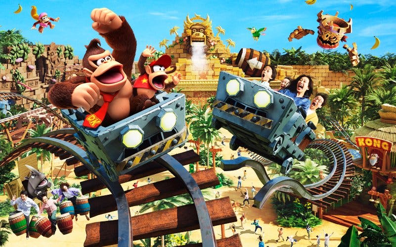 Roller coaster ride at Universal Studios Japan with jungle theme and animated characters.