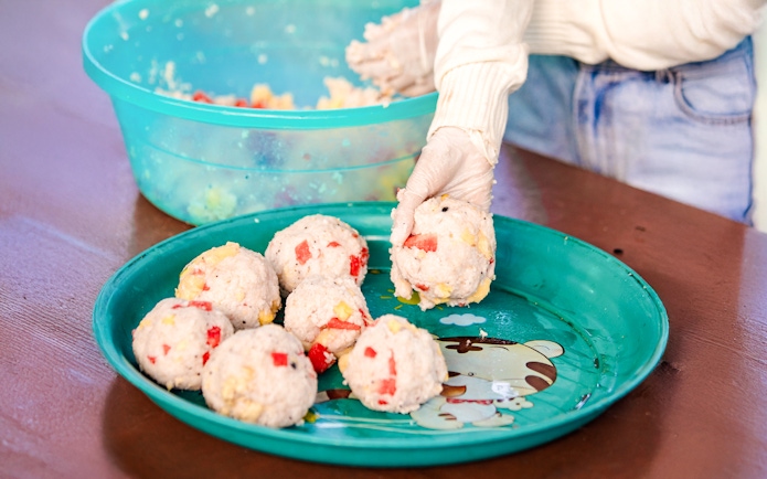 Preparing rice balls at Bukit Elephant Park.