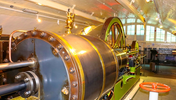Engine room machinery inside Tower Bridge, London.