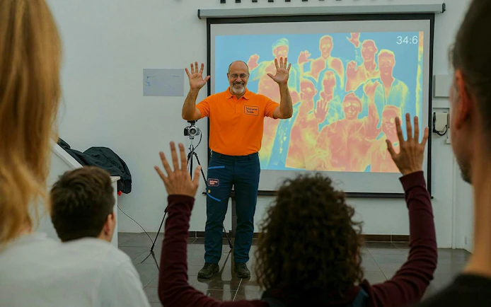 Guests engaging in a thermal imaging demonstration at Mount Teide observatory tour.