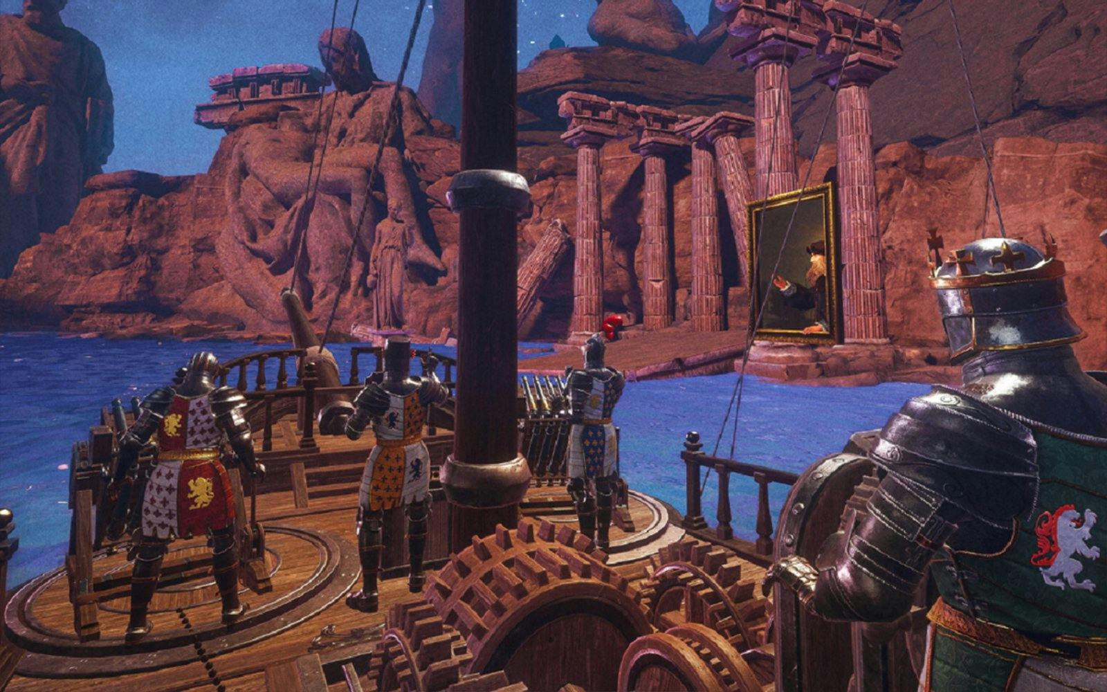 Knights on a ship approach ancient ruins with a DaVinci painting, part of the DaVinci and The Wheel of Time tour.