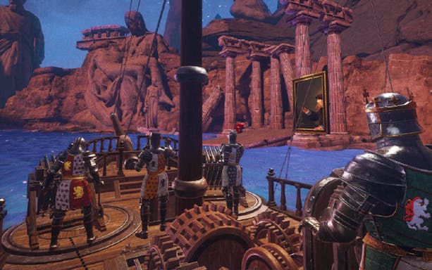Knights on a ship approach ancient ruins with a DaVinci painting, part of the DaVinci and The Wheel of Time tour.