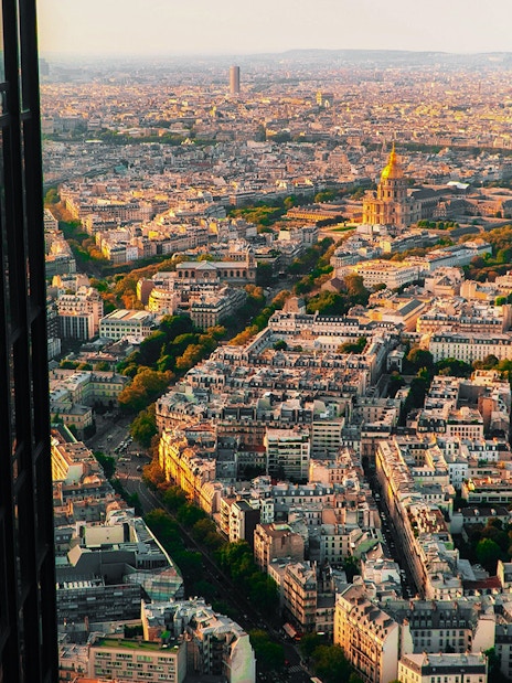 View from Montparnasse Tower Roof Terrace overlooking Paris cityscape.