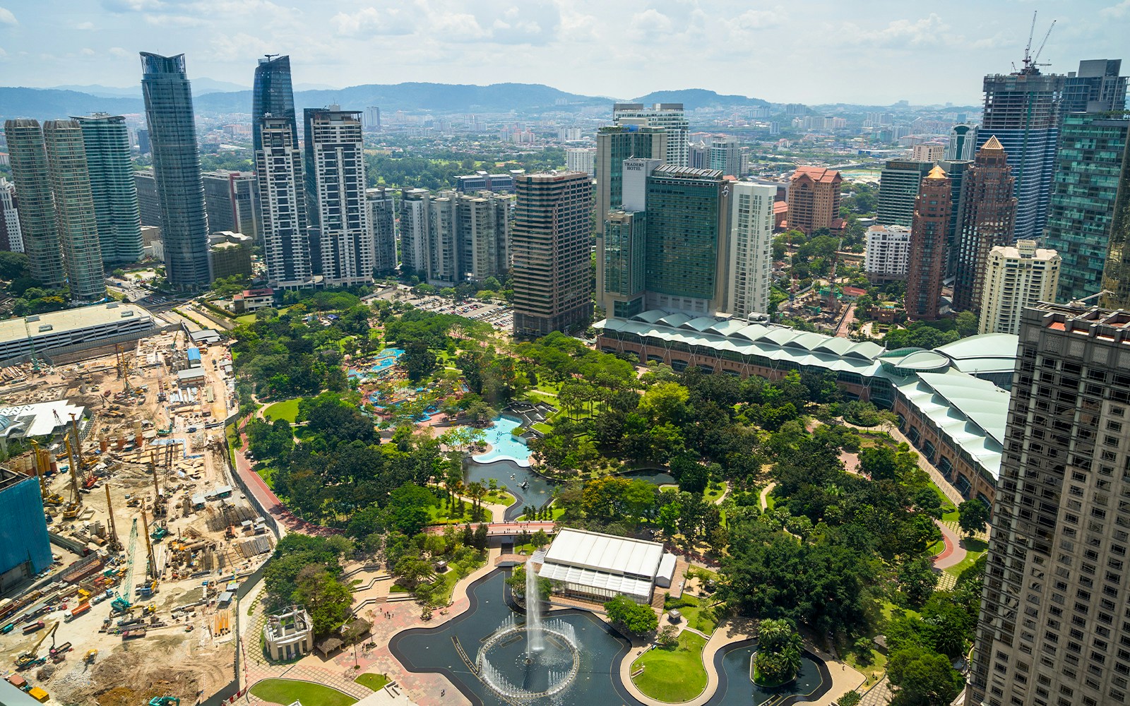 View of Kuala Lumpur cityscape and KLCC Park from Petronas Twin Towers.