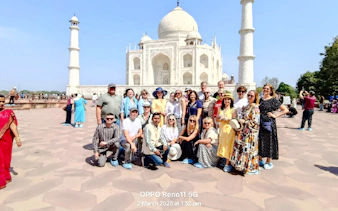 Tour group in front of the Taj Mahal during a private sunrise tour in Agra, India.