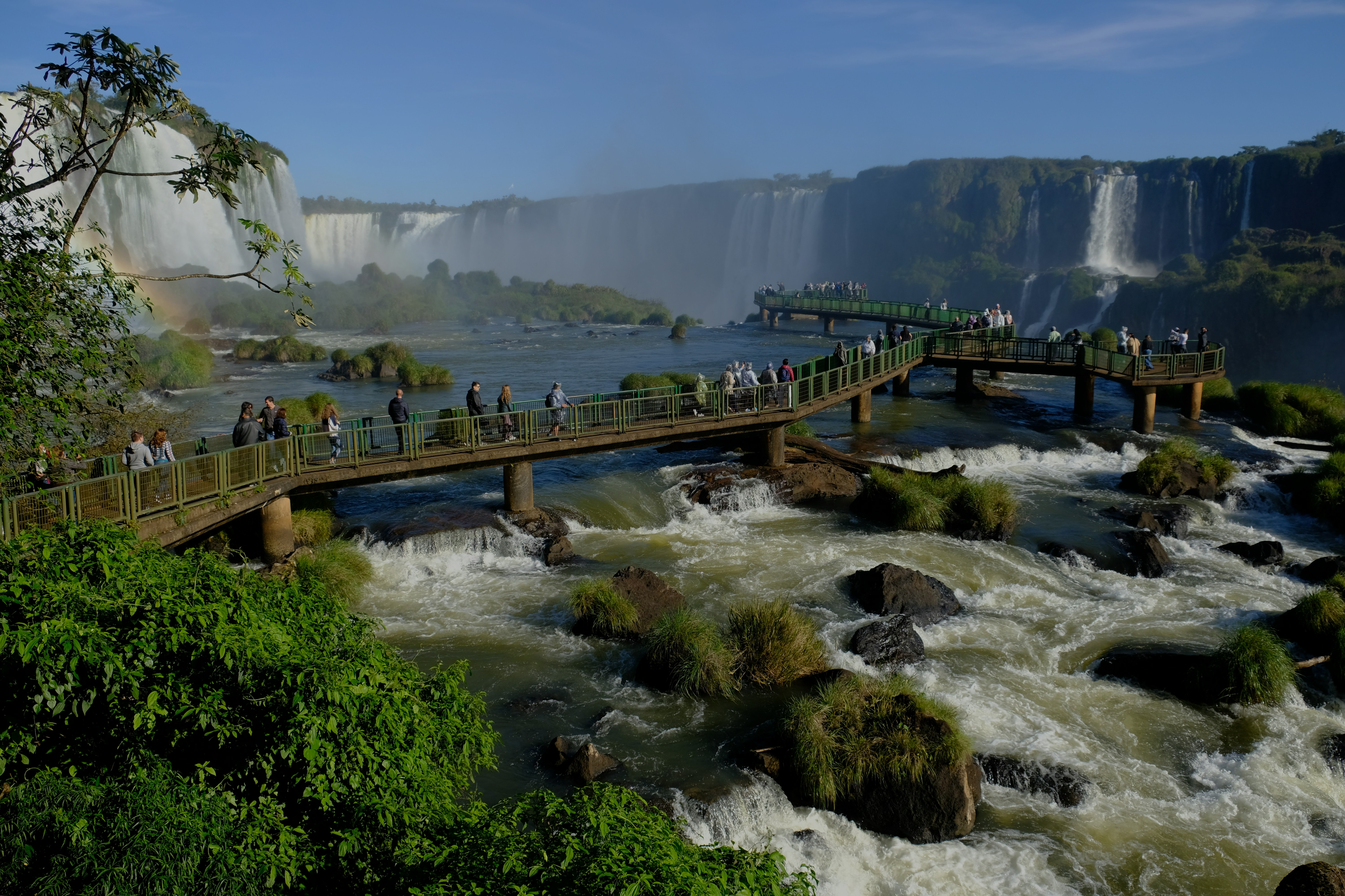 Visitors on observation platform at Iguazu Falls, Foz do Iguaçu, Brazil.