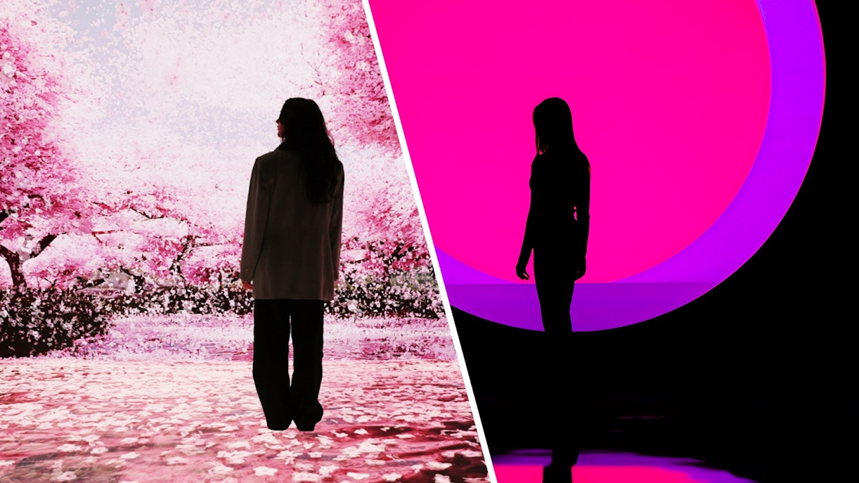 Visitor at Mercer Labs: Museum Of Art & Technology and Arte Museum New York, viewing digital cherry blossoms and neon art.