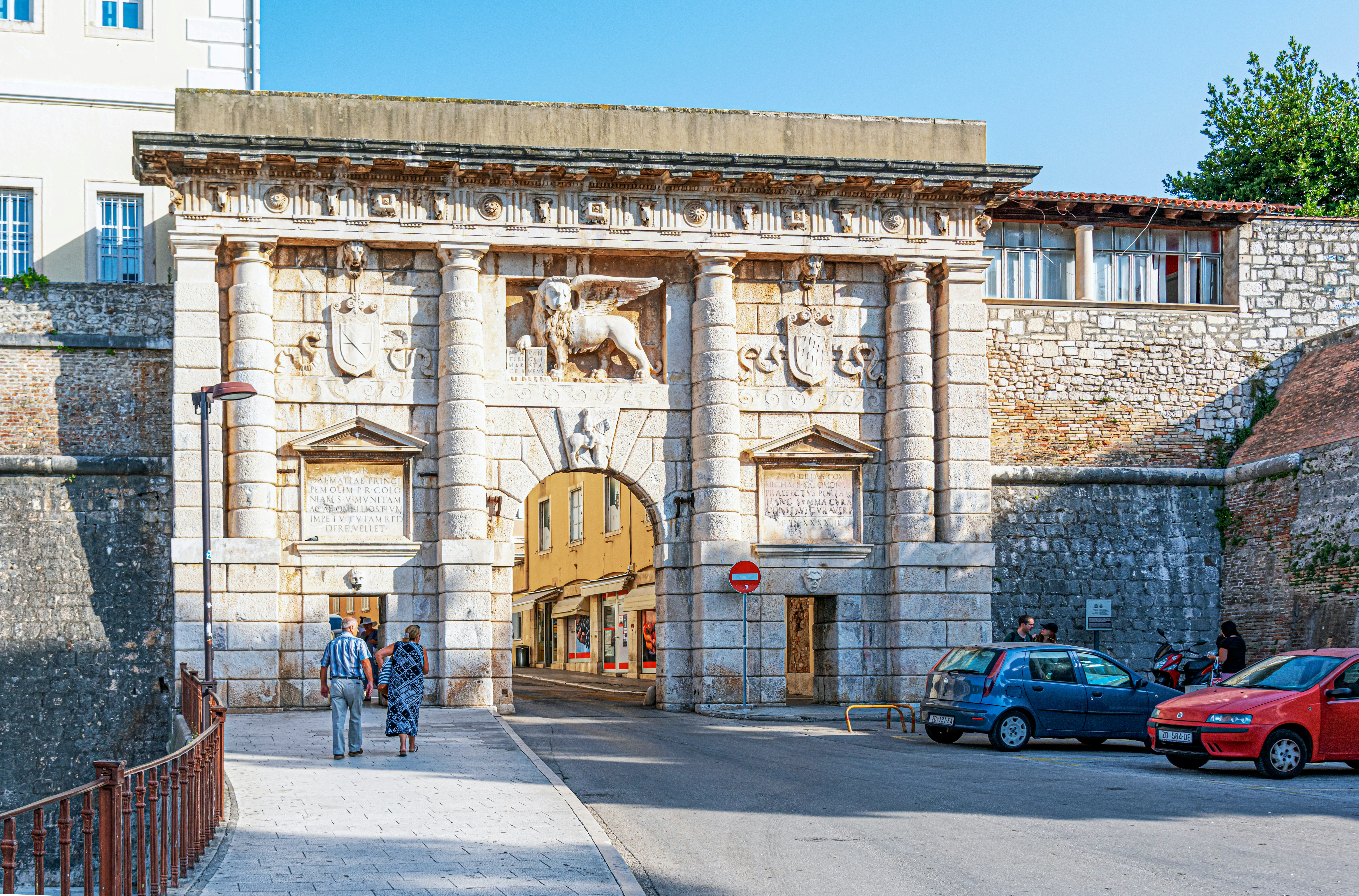 Land gate with Lion of Saint Mark relief in Zadar, Croatia, historical Dalmatia entrance.