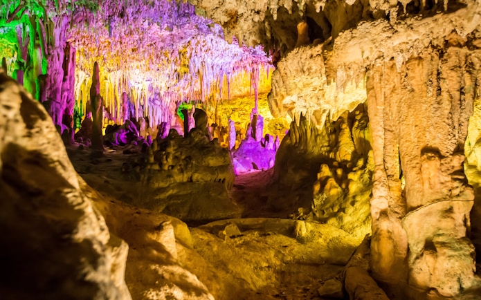 Colorful stalactites and stalagmites inside Hams Caves, Mallorca.