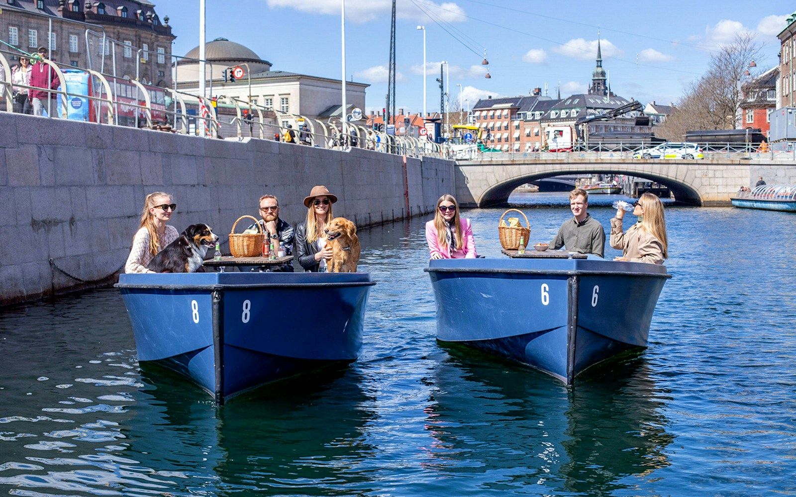 Boat tour in Copenhagen harbor with guests and dogs.