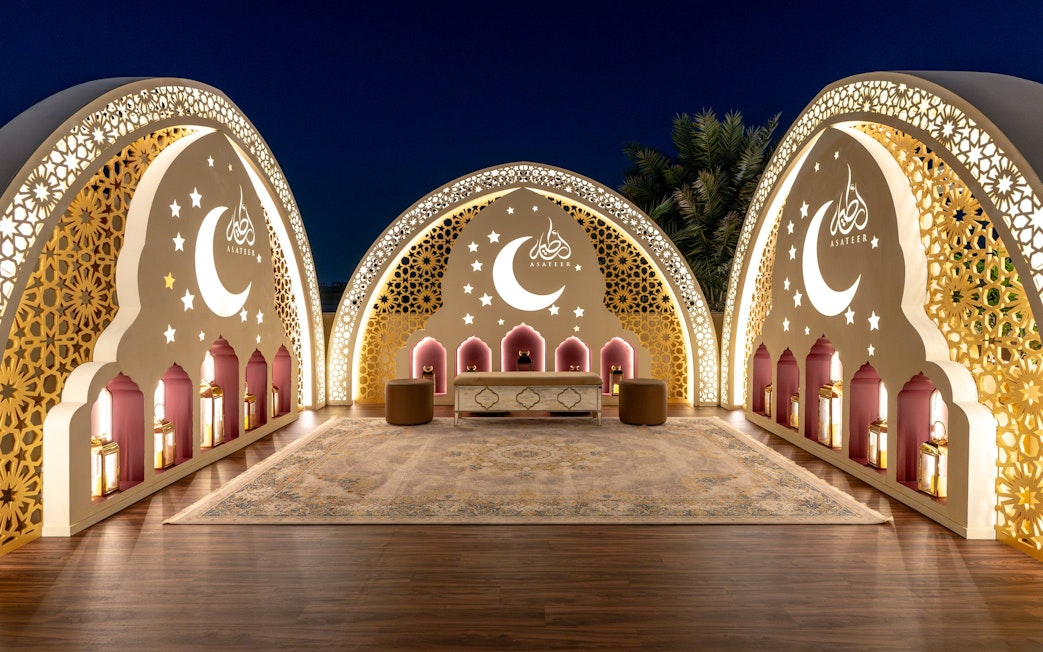 Terrace of Asateer Tent at Atlantis, The Palm in Dubai, decorated for Iftar and Suhoor during Ramadan.