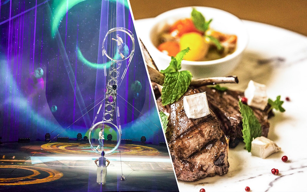 La Perle By Dragone acrobat performance and gourmet lamb dish at Le Patio Restaurant.