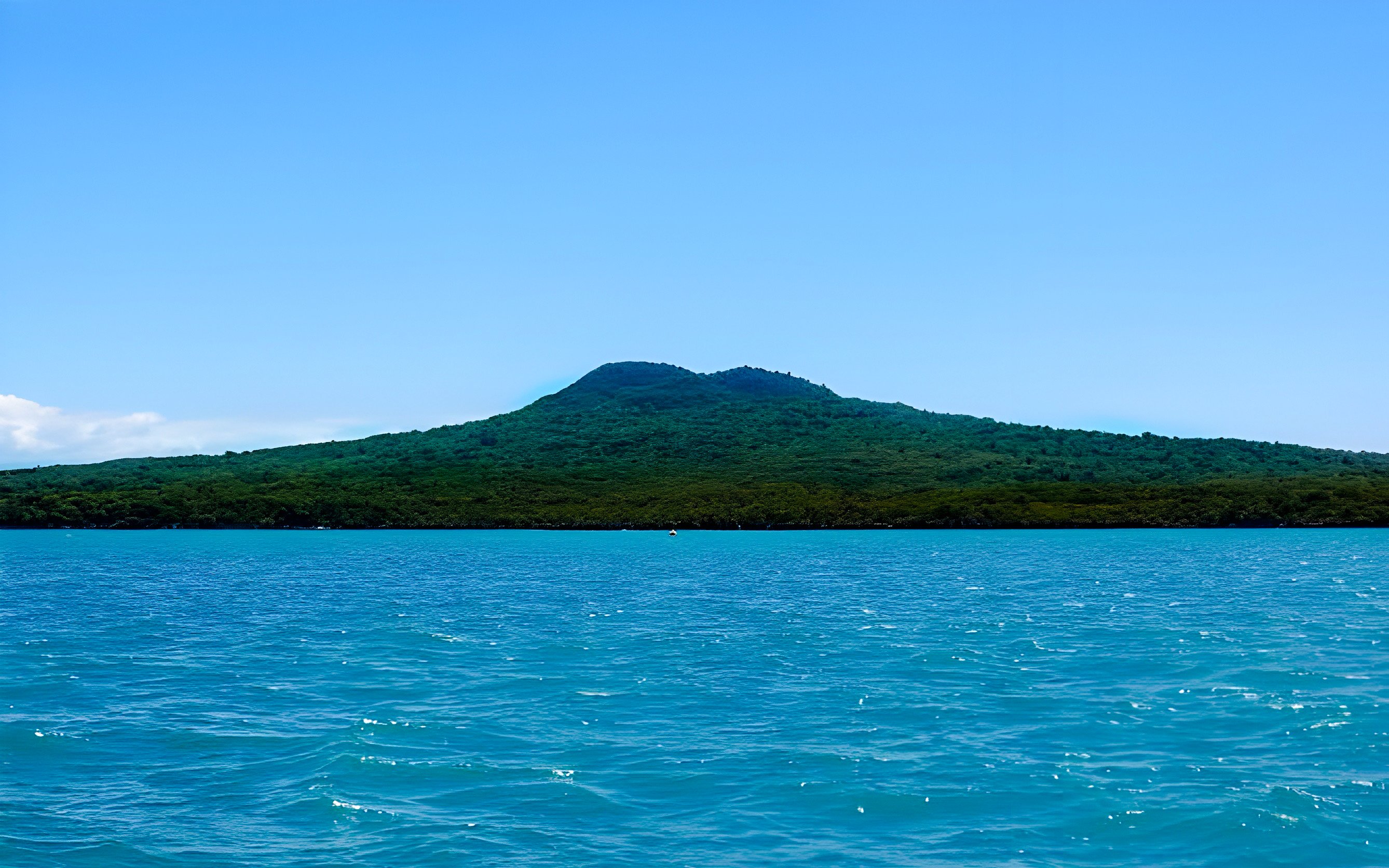 Harbour view with lush green island, perfect for a scenic wine and cheese cruise.