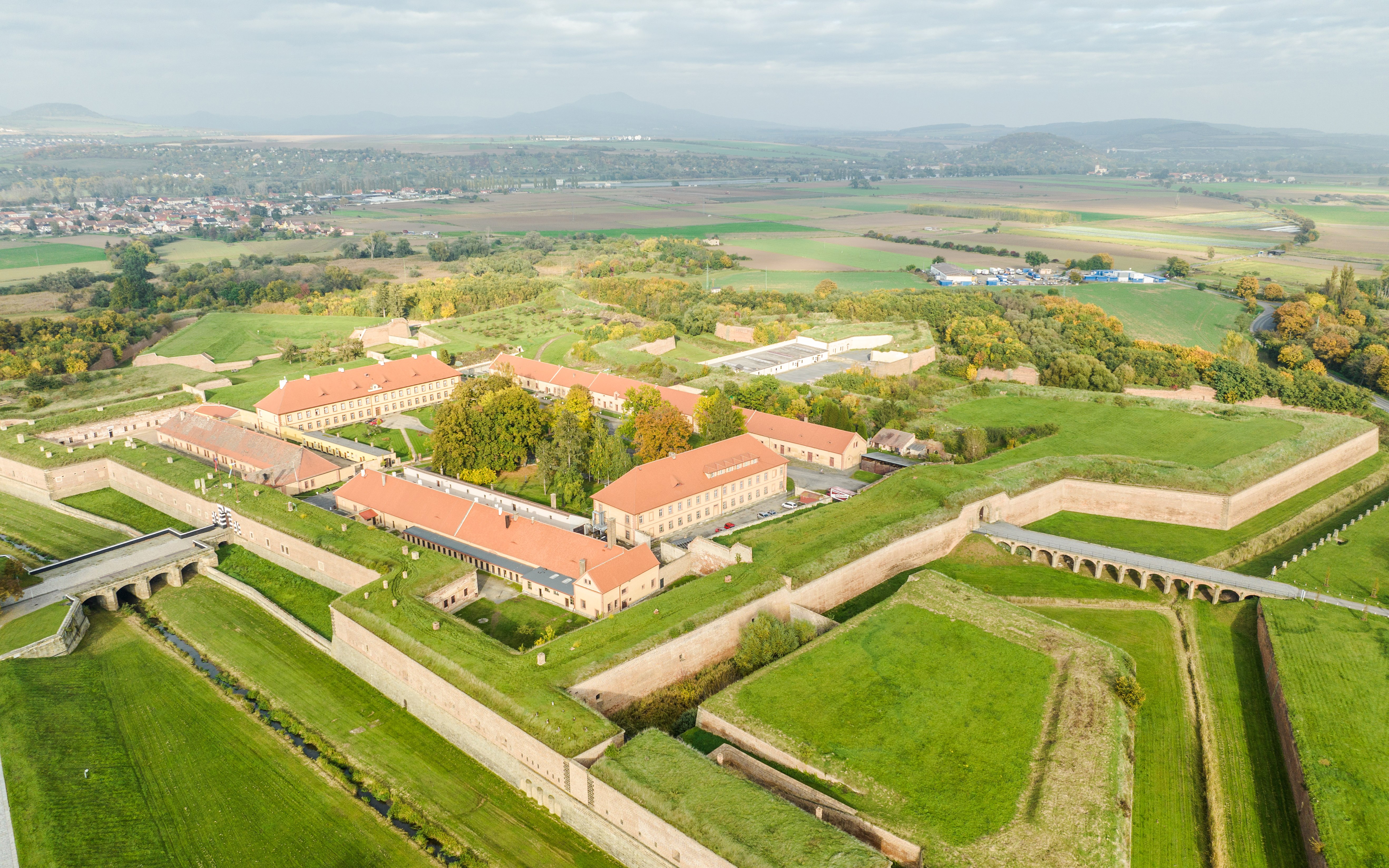 Aerial view of Terezín Concentration Camp's Columbarium Wall remnants in the outer area.