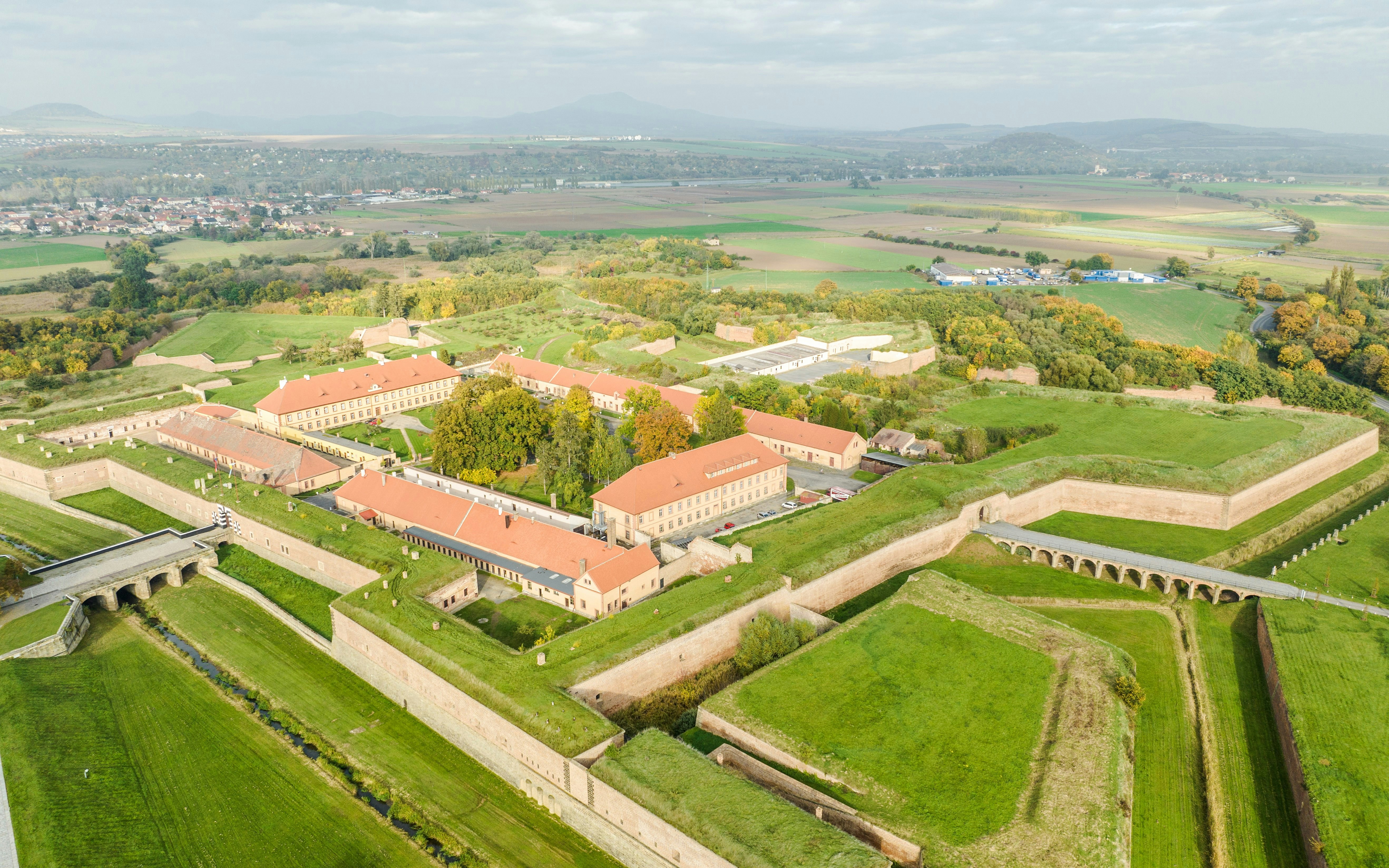 Aerial view of Terezín Concentration Camp's Columbarium Wall remnants in the outer area.