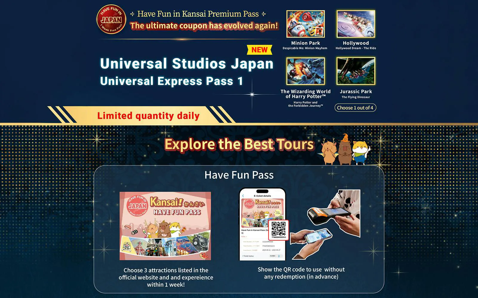 Universal Studios Japan Express Pass promotion with attractions like Minion Park and Harry Potter.