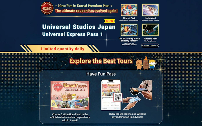 Universal Studios Japan Express Pass promotion with attractions like Minion Park and Harry Potter.