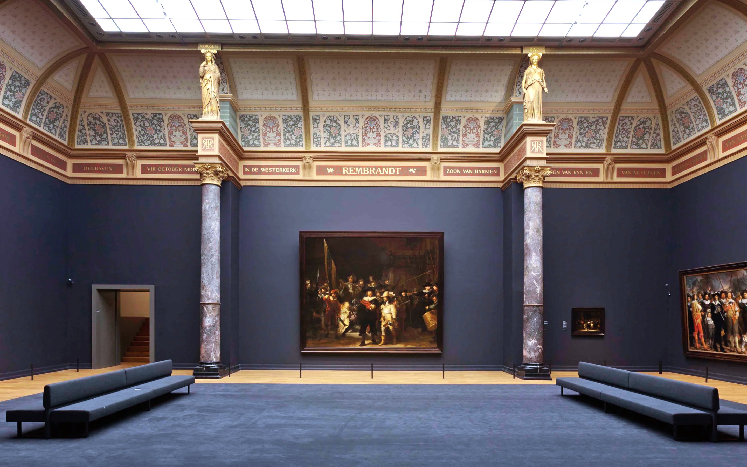 Rembrandt's "Night Watch" in the Gallery of Honor, Rijksmuseum, Amsterdam.