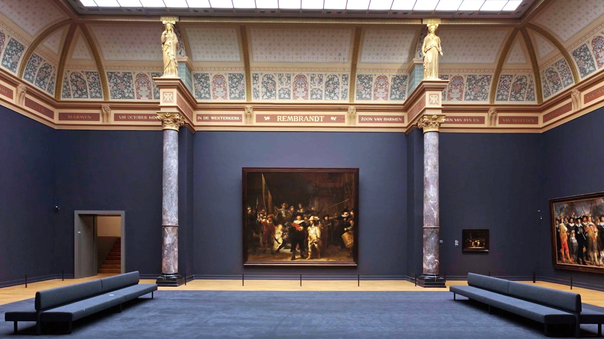 Rembrandt's "Night Watch" in the Gallery of Honor, Rijksmuseum, Amsterdam.
