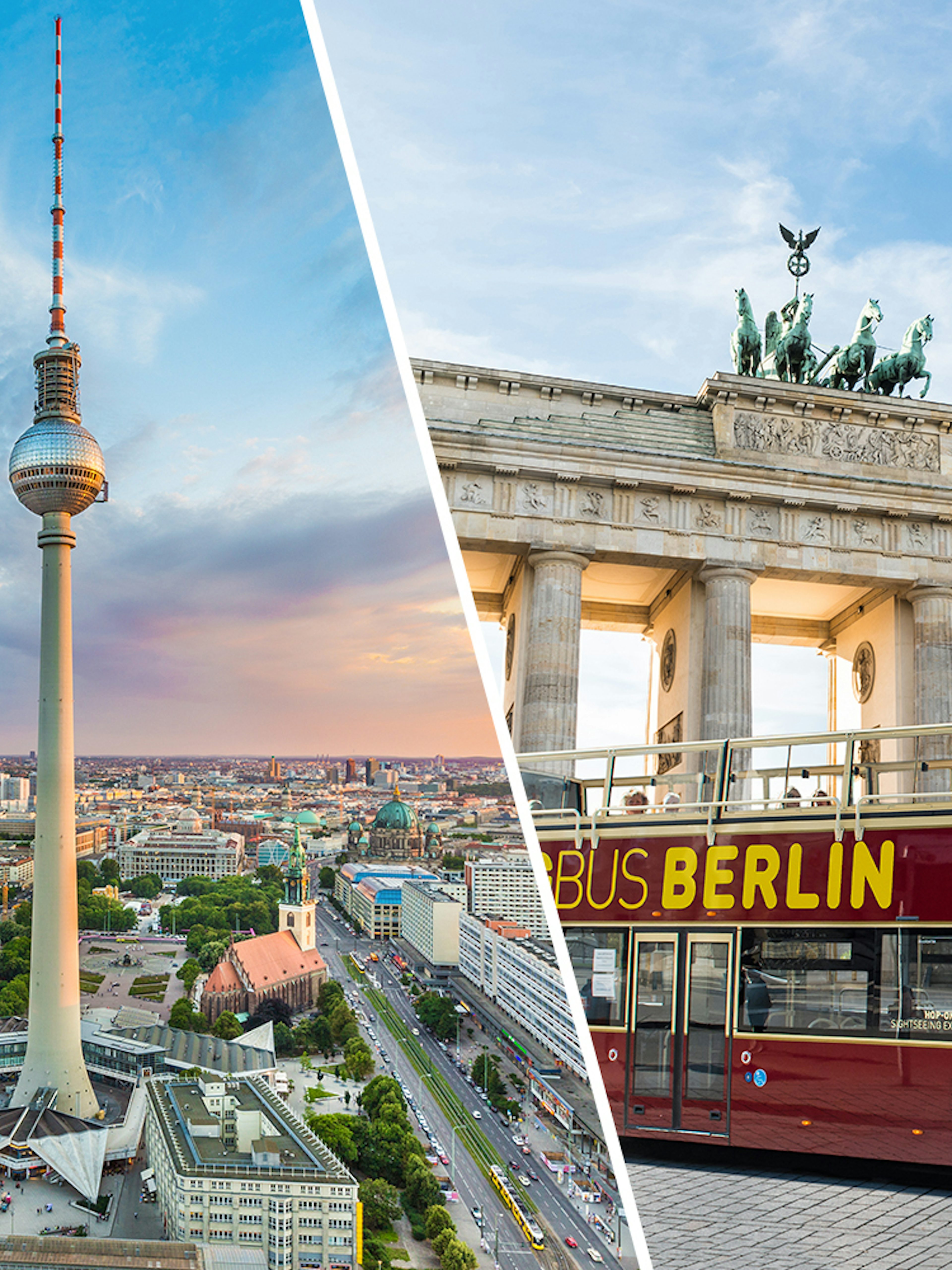 Berlin TV Tower and Brandenburg Gate with hop-on hop-off bus.