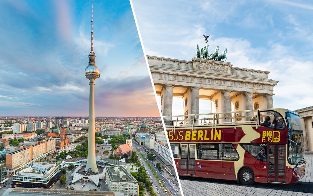 Berlin TV Tower and Brandenburg Gate with hop-on hop-off bus.