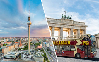 Berlin TV Tower and Brandenburg Gate with hop-on hop-off bus.