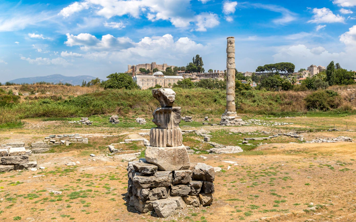 Ruins of the Temple of Artemis at Ephesus with a single standing column.