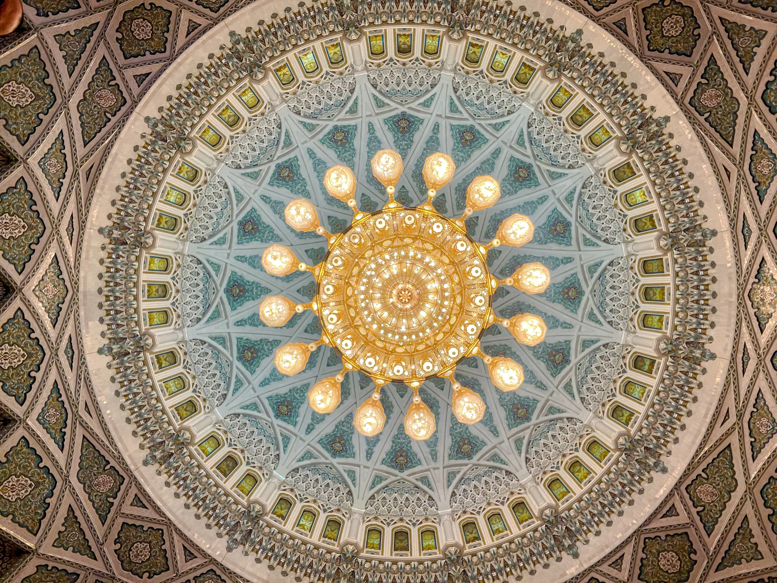 Intricate chandelier and dome ceiling in Sultan Qaboos Grand Mosque, Muscat.