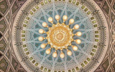 Intricate chandelier and dome ceiling in Sultan Qaboos Grand Mosque, Muscat.