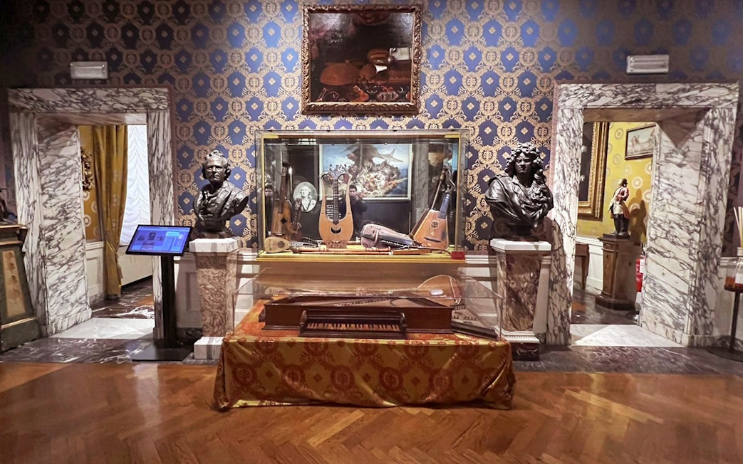 Musical instruments and busts in La Scala Theatre Collection, Milan.
