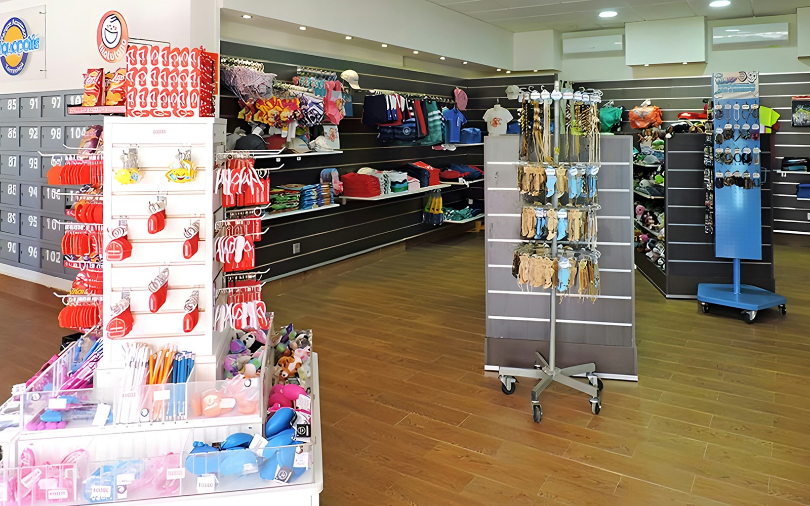 Aquopolis Torrevieja store with lockers, swim gear, and souvenirs displayed.