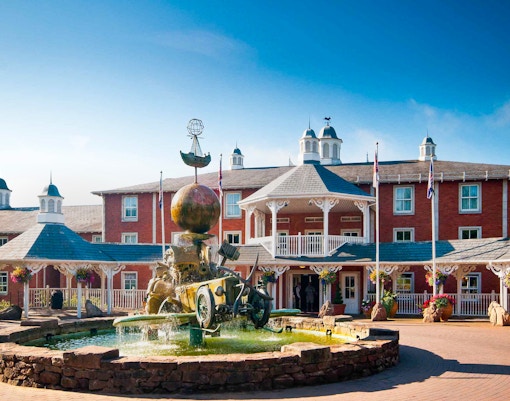 Alton Towers Hotel exterior with themed architecture in Staffordshire, England.