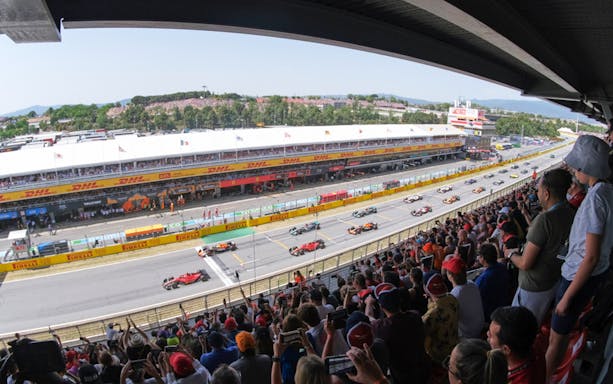 Grandstand view of Formula 1 race start at Circuit de Barcelona-Catalunya.