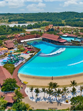 Aerial view of Desaru Waterpark wave pool and slides in Johor, Malaysia.